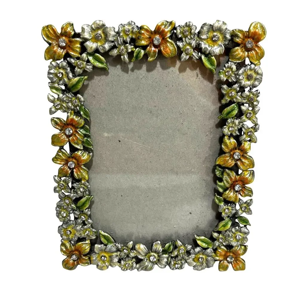 Romantic floral enamel photo picture frame yellow orange green & rhinestones